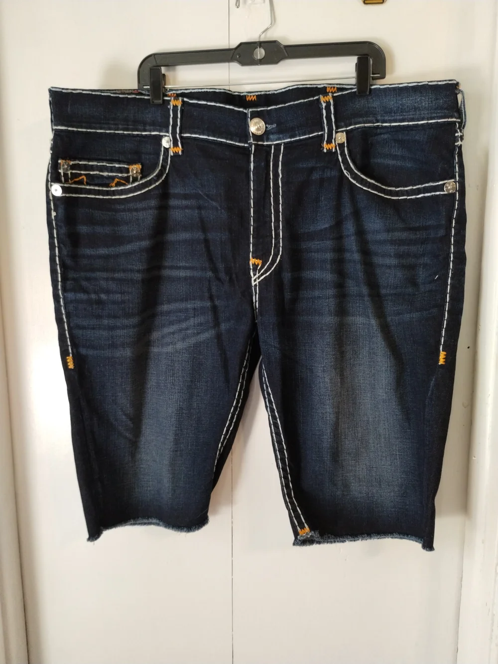 True Religion Dark Blue Denim Cutoff Shorts with Contrast Stitching